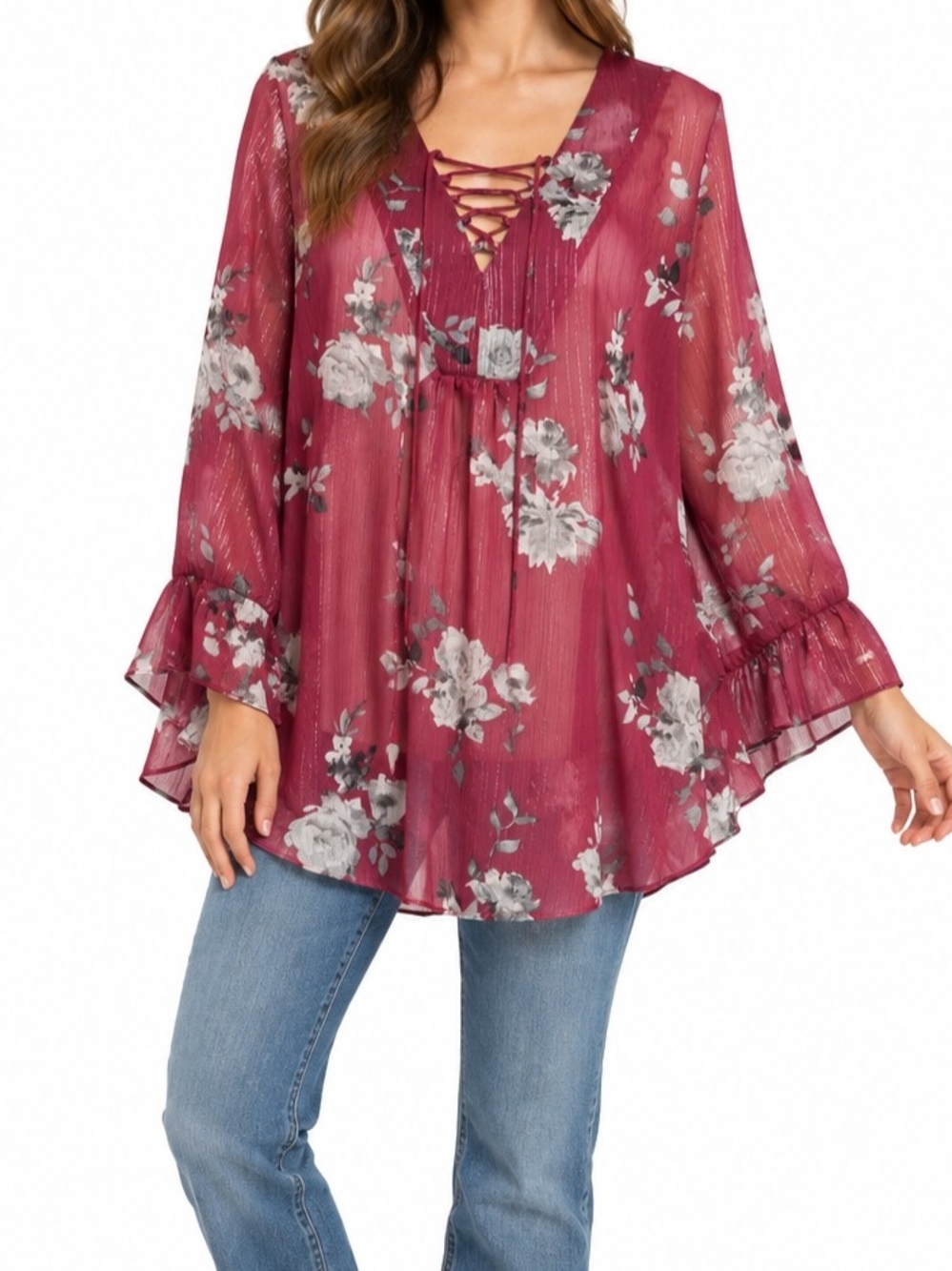 Cato Lace-Up Floral Tunic Top - Berry with Gray Floral NWT